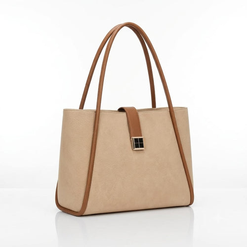 Beige tote bag with brown trim and long handles