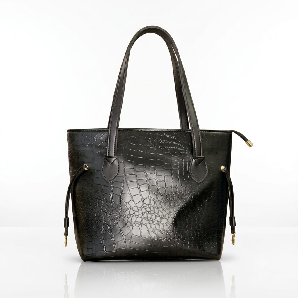 Black crocodile-textured tote handbag with gold-tone hardware