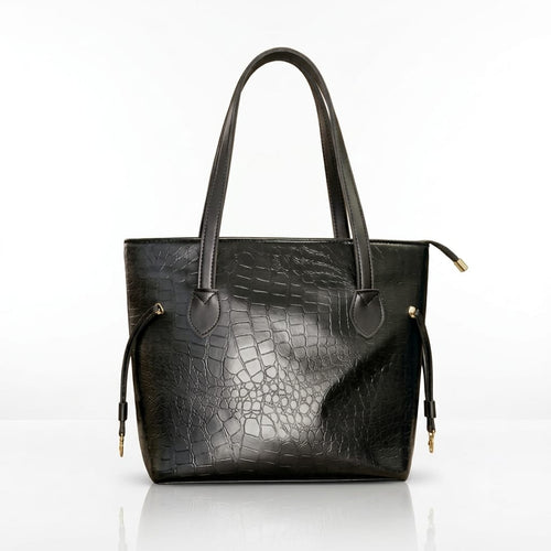 Black crocodile-textured tote handbag with gold-tone hardware