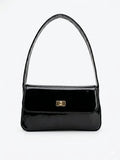 Black patent shoulder bag with gold-tone clasp