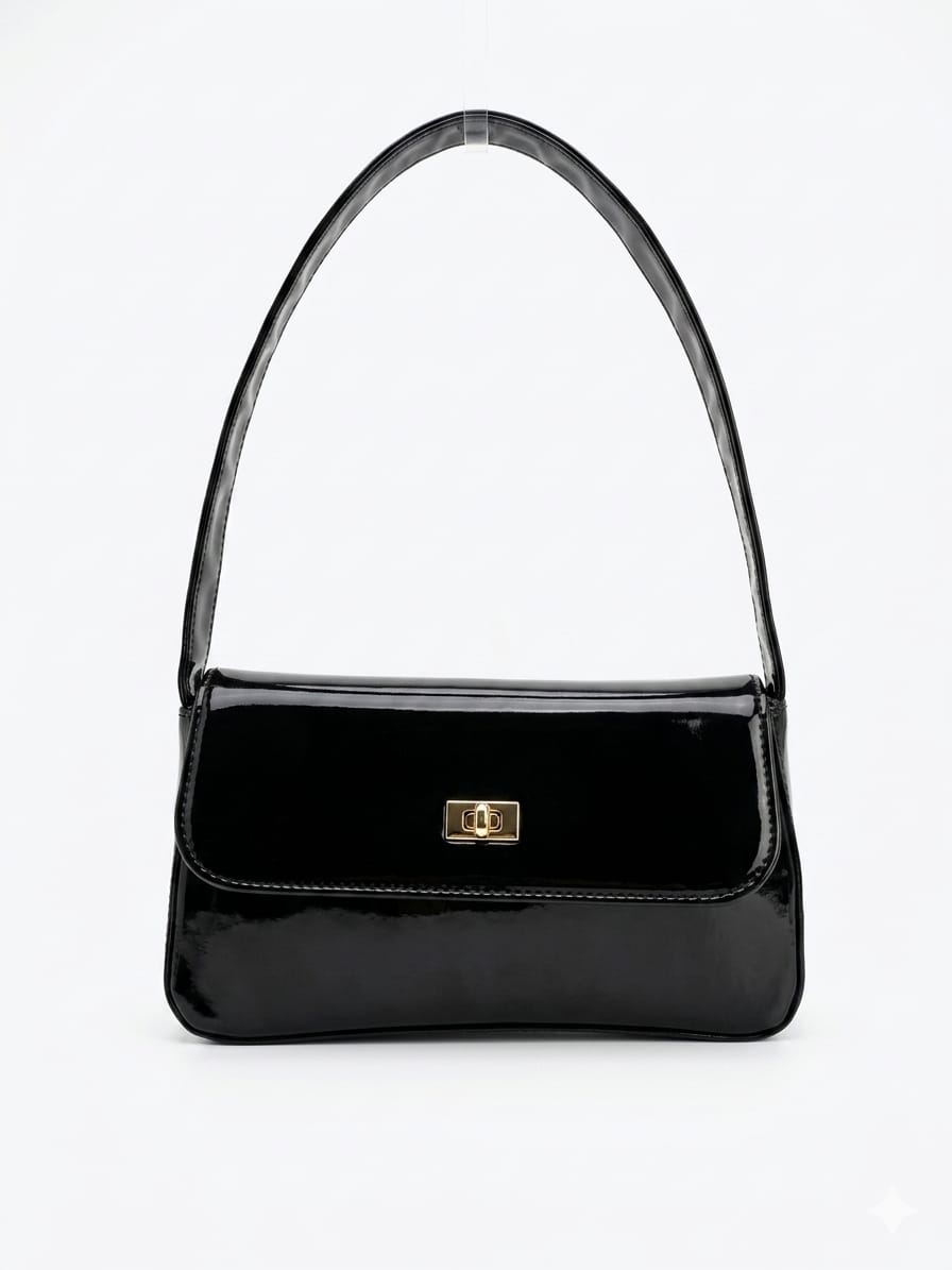 Black patent shoulder bag with gold-tone clasp