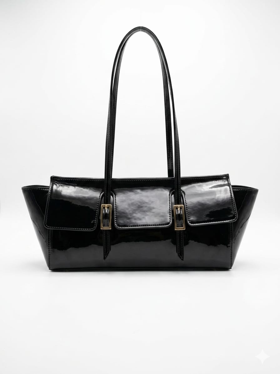 Black patent finish shoulder tote bag with gold-tone buckles