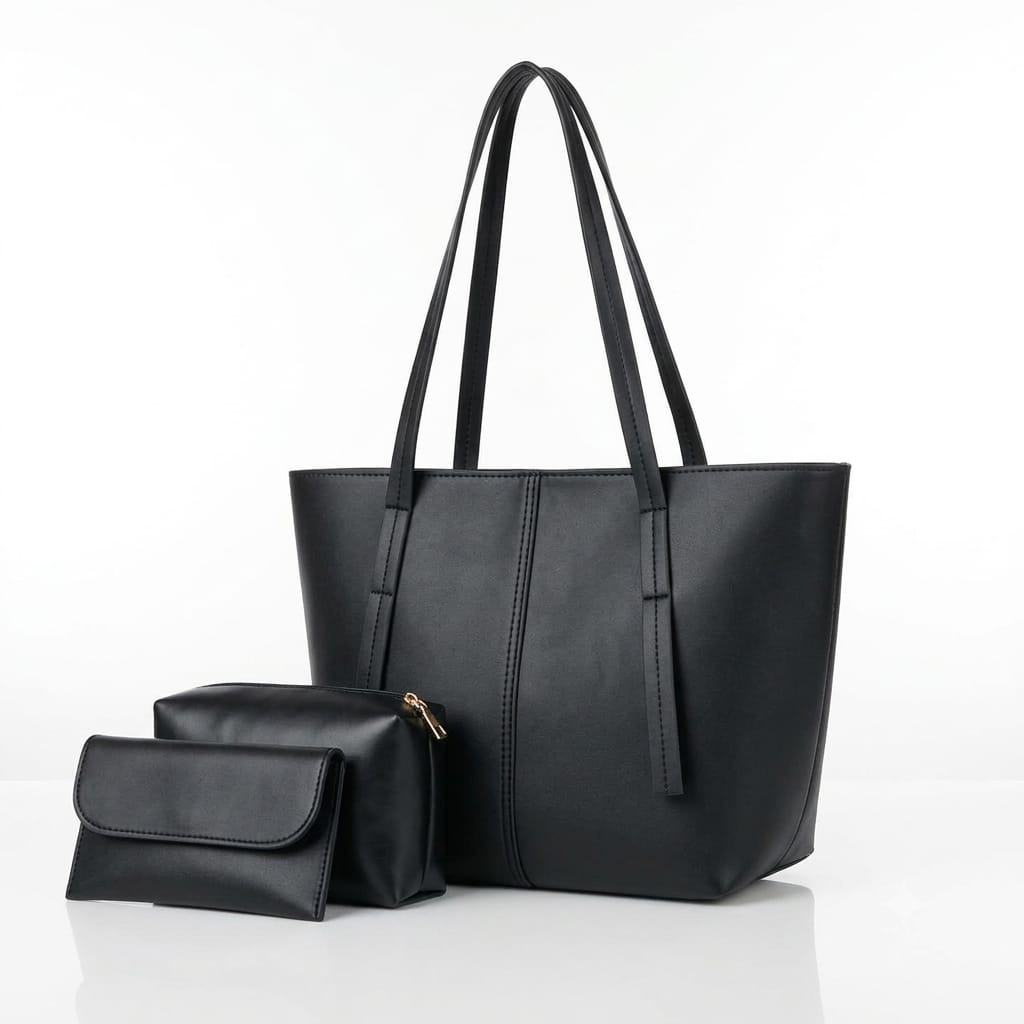 Black tote bag with matching zip pouch and flap wallet
