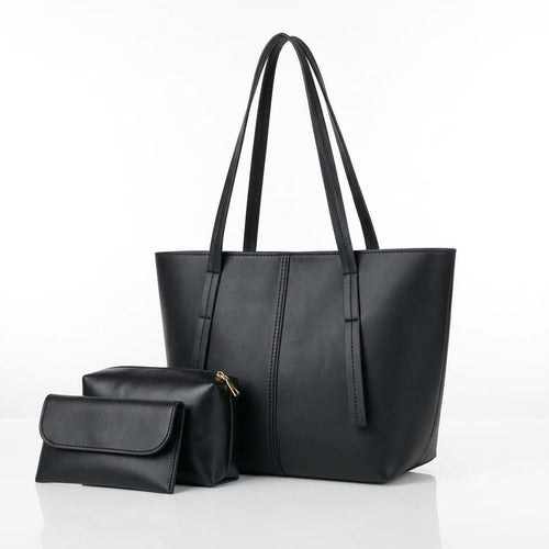 Black tote bag with matching zip pouch and flap wallet