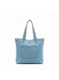 Blue denim tote bag with front pocket and long shoulder handles