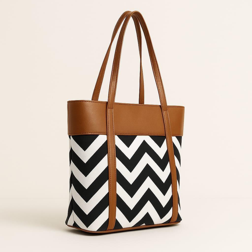 Brown trim chevron patterned tote bag