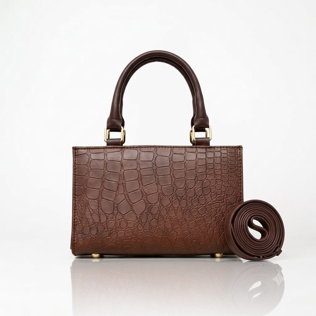 Brown crocodile embossed structured handbag with top handles and shoulder strap