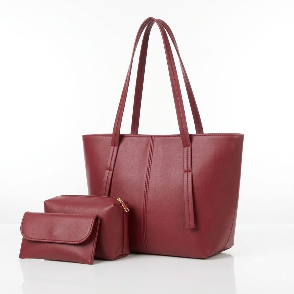 Burgundy tote bag with matching zip pouch and flap wallet