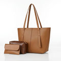Caramel brown tote bag with matching zip pouch and flap wallet