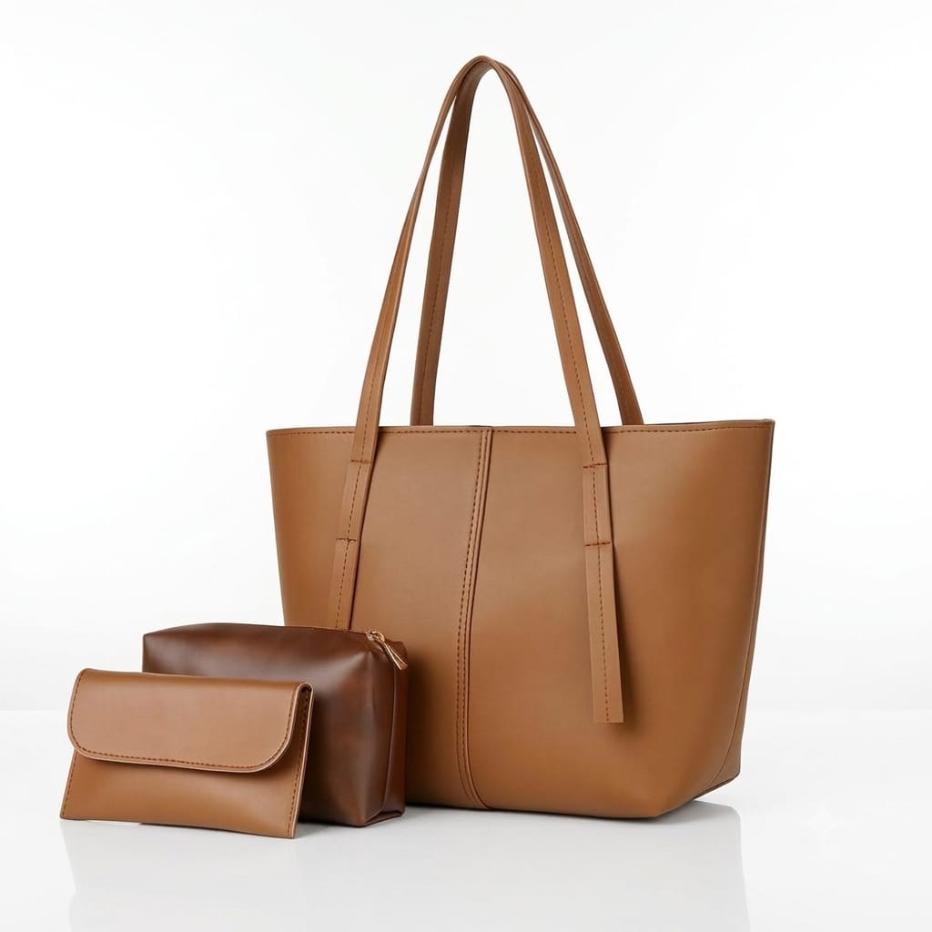 Caramel brown tote bag with matching zip pouch and flap wallet