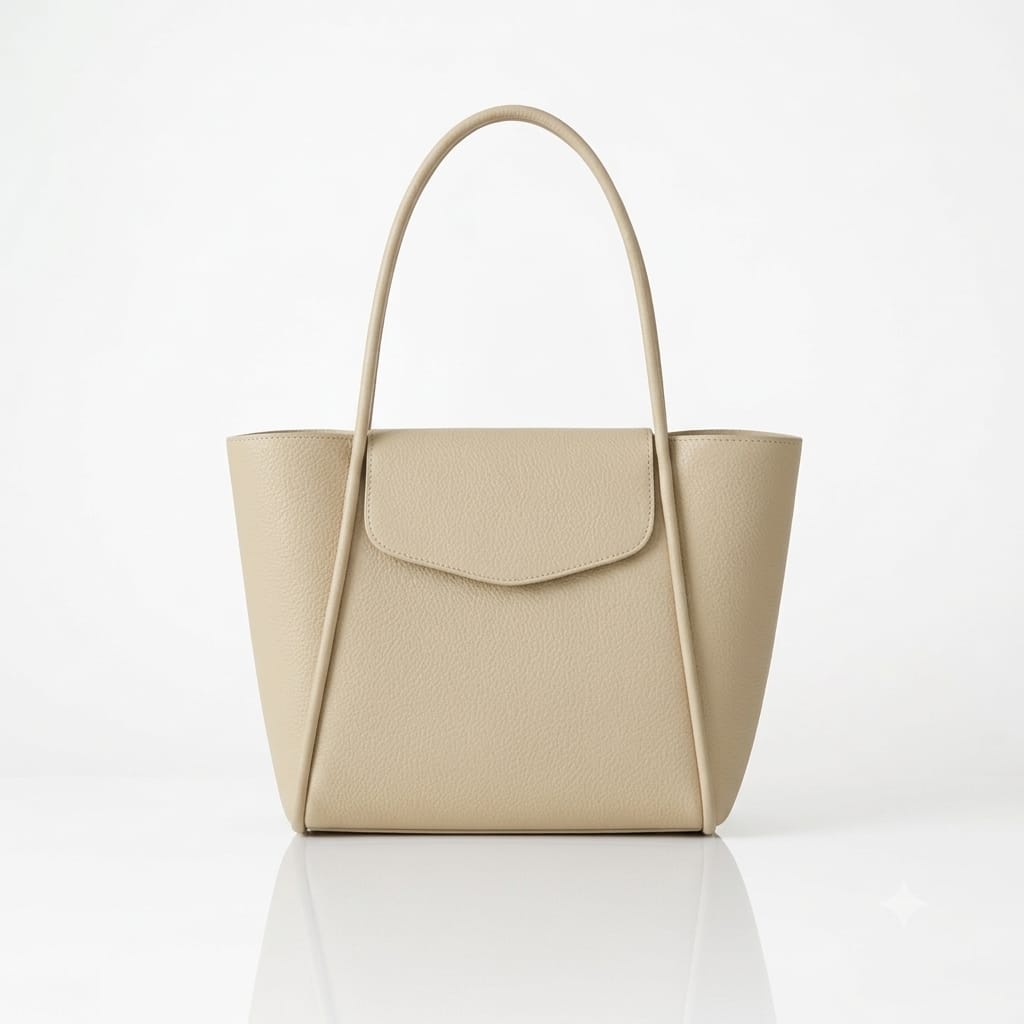 Cream textured tote bag with long handles and front flap pocket
