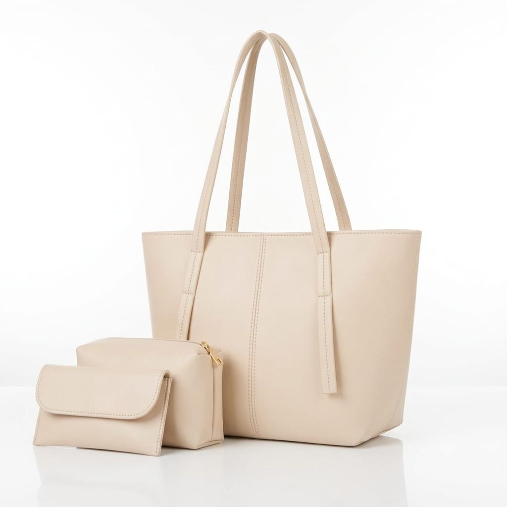 Cream tote bag with matching zip pouch and flap wallet