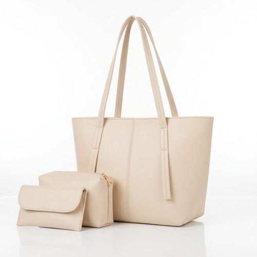 Cream tote bag with matching zip pouch and flap wallet