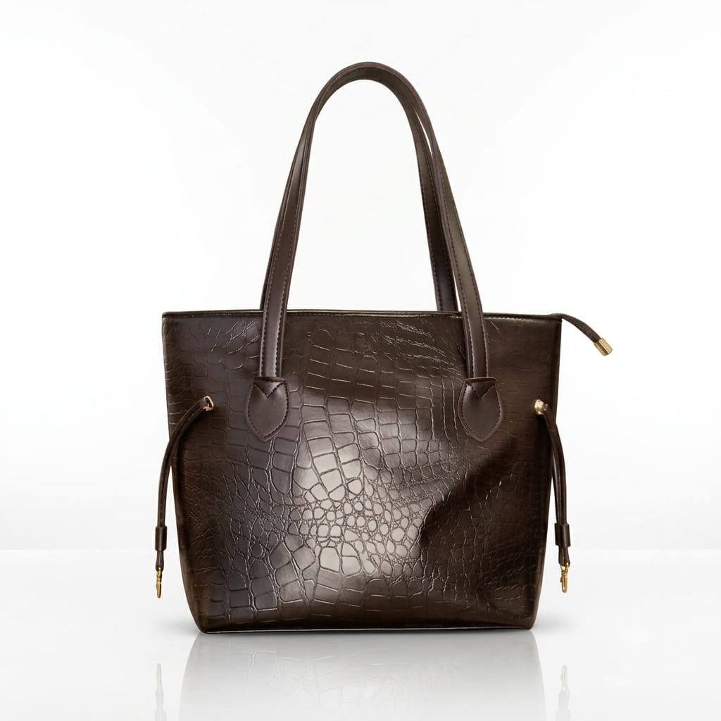 Dark brown crocodile textured tote handbag