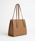 Tan structured tote handbag with long shoulder straps