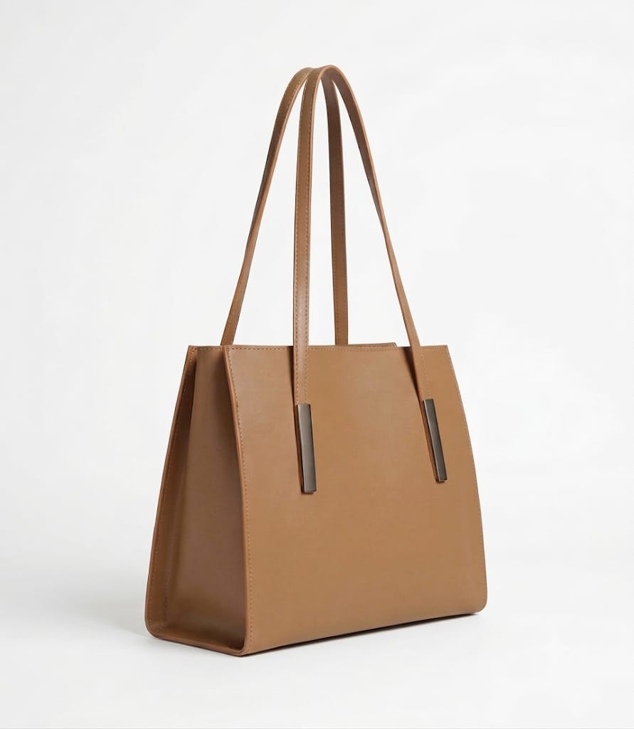 Tan structured tote handbag with long shoulder straps