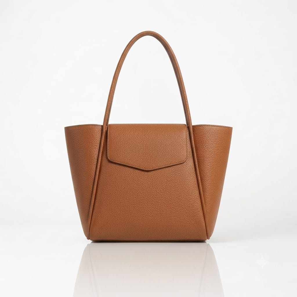 Tan textured tote bag with long handles and front flap pocket